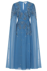 Laelia Blue Embellished Maxi Dress with Cape Sleeves